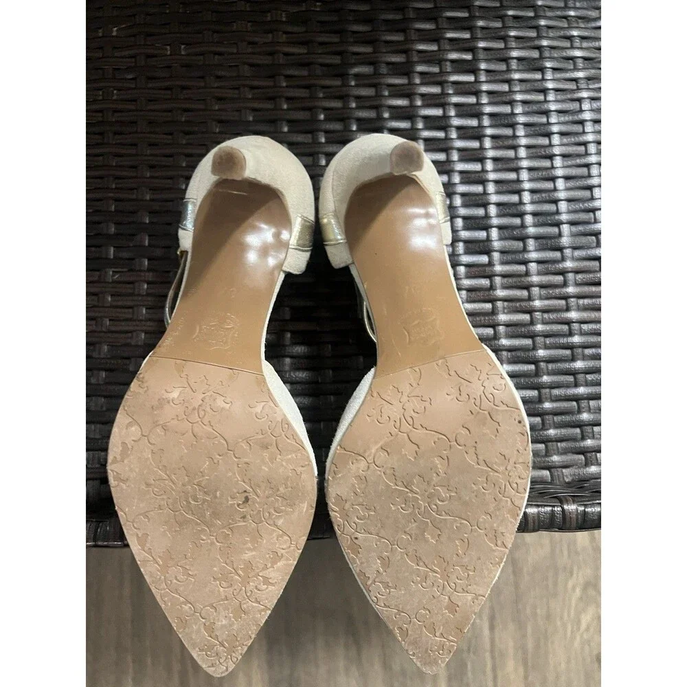 Brenda Zaro Spain Suede Tan & Gold T-Strap Pointed Toe Pumps Heels 37  6.5 Shoe